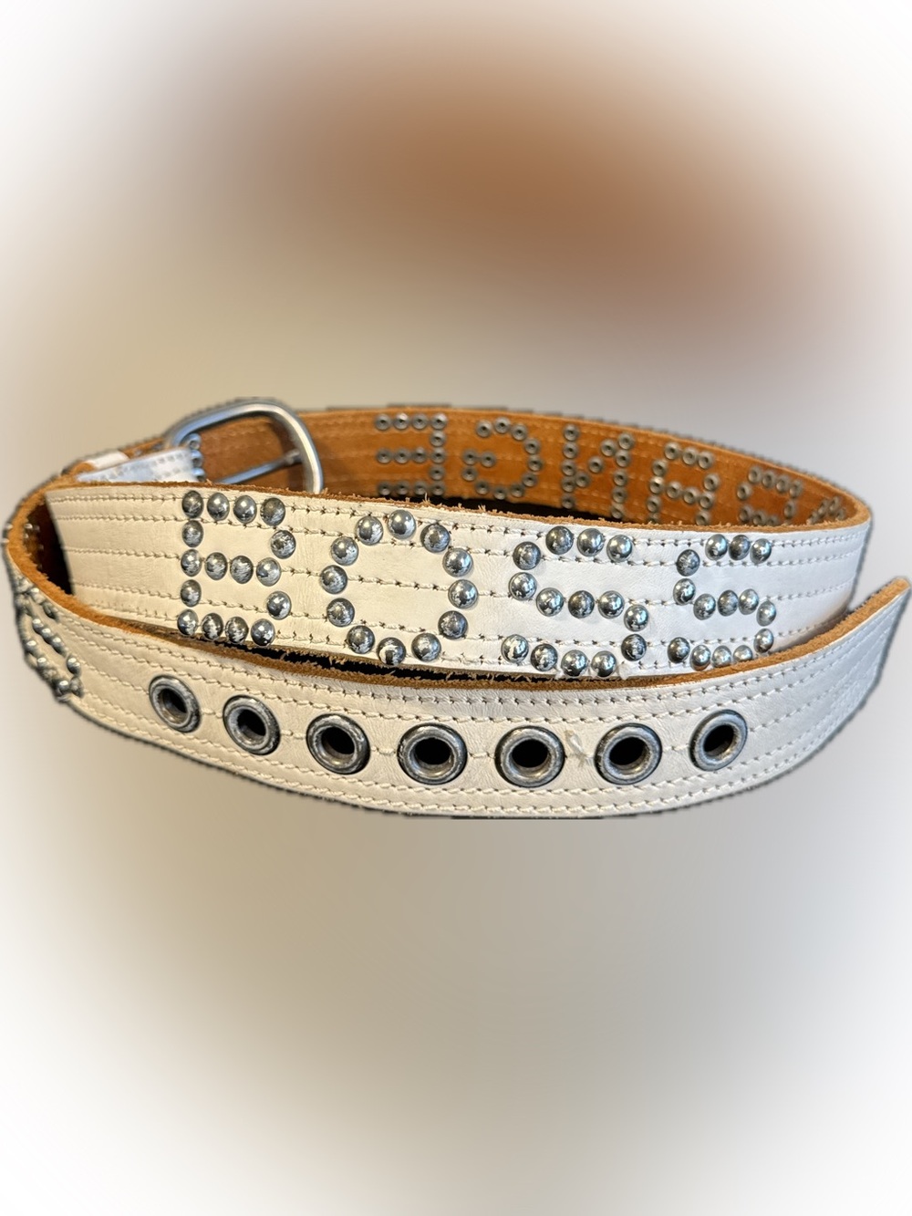 Hugo Boss White Studded Leather Belt Large Distressed Buckle